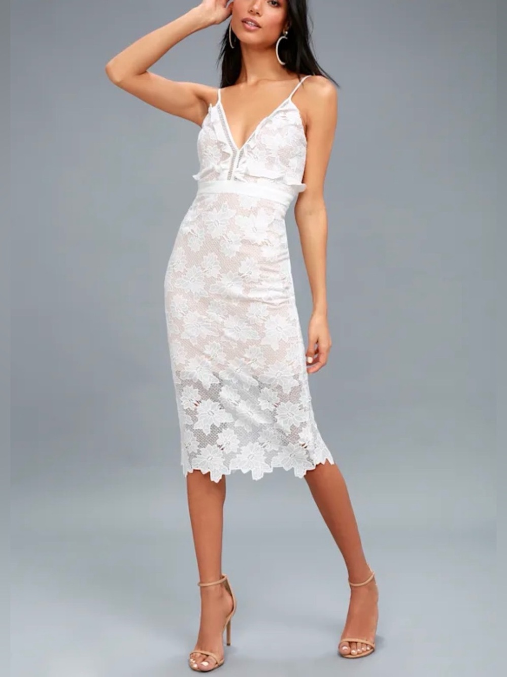 Lulus Bardot Vienna Floral Lace Midi Dress Spaghetti Strap Bridal Shower XS/4